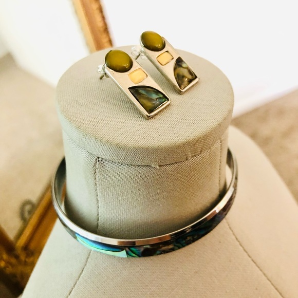 Vintage Abalone Earrings & Bangle Bracelet - Picture 2 of 12
